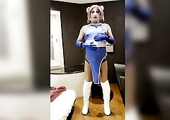 Female mask cosplayer dances with ass open pants. Indeed it's nipp masturbation!