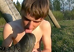 Gay couple indulge in outdoors foot fetish fun and cock sucking