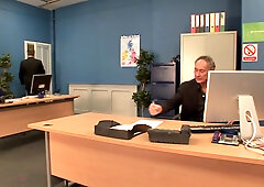 Hard group sex action with a brunette whore in the office
