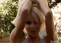 Danielle Derek's large booty moves with the rhythm as this babe pinches her nipps, her breasts bouncing with each thrust of her vibrator. This ba
