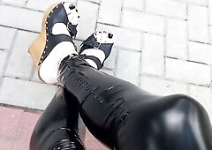 platform wedges and latex leggings - public crossdressing
