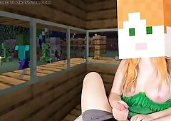 Sexy Alex from Minecraft Fast stroking Steve's hard Dong in a Cozy abode, whilst Creepers and Skeletons roam the Night Village
