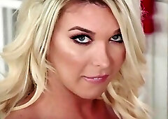 Tattooed blonde shemale with hot red lingerie rides huge cock