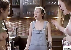 Brunette lesbian fingers big tits client