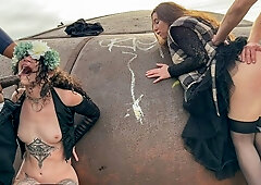 Hard outdoor foursome with two girlfriends Monika Wild and Lydia Black