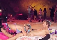 A blonde with large tits is getting her pussy licked really well