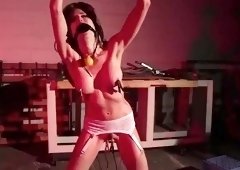 Helpless amateur babe in stockings enjoys intense orgasms