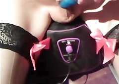 Sissy cumshot handsfree on fucking machine with vibrator