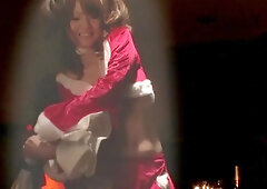 Santa teen strips and gets two hard cocks