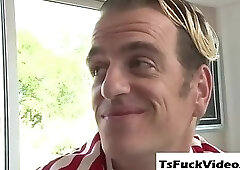 Busty Tgirl cheerleader analed by mentor