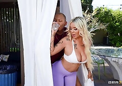 Rich blonde with big boobs Jazz Jizzes jumps on a big cock