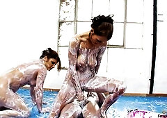 Angels get overspread in whipped cream during a hardcore sex session