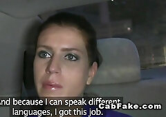 Czech brunette hair amateur sweetheart gives oral-sex in back seat in fake taxi then driver bangs her constricted snatch from behind untill gives her 