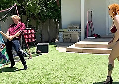 Big-booty redhead MILF plays ball with her stepson's huge white cock