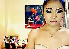 Pretty Asian ladyboy with small tits strokes hairy cock solo