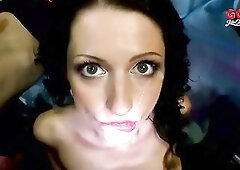 The in nature's garb brunette hair stands surrounded by the GGG crew, gets gropd hard then laid on the blue tarp. That babe deepthroats multiple 