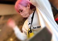 Amateur teen made to cum hard in her panties in public