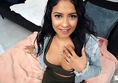 Sensual busty Latina Serena Santos gets impaled in the doggy style pose