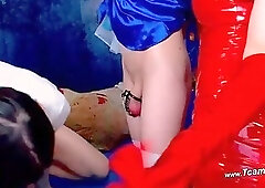 Two hot shemale and One babe Bdsm Foreplay