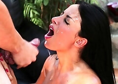 Skinny brunette MILF sucks and fucks a big cock