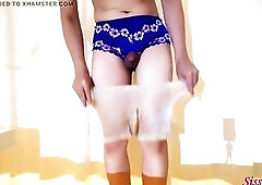 I try on my fresh pants blue open-crotch pants with pink lace. Some Other piece is beige Ice silk pants with hot lace on the edges. I cover the blue p