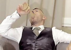 Businessman In Sheer-socks Is Stretching And Is Riding The Dildo Till Handsfree Cum