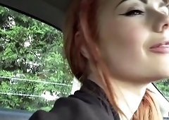 Redhead teen sucks and fucks big cock in car