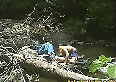 Slim Asian scout sucks and bangs bottom in outdoor duo