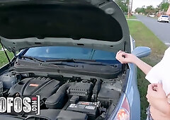 Jessie Wylde rewards Charles Dera with a roadside blowjob and rough outdoor sex