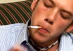 Twink smoking while stripping naked and stroking his cock solo
