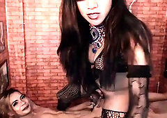 Brunette TS Jem fucks skinny small tits shemale on webcam