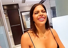 Lovely teen brunette dildos her cunt in the shower