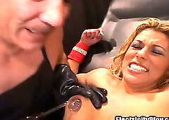 BIG FAKE TITS Latina Bitch COCK SUCKER Bondage Electro Shocked and SPERMED ON!