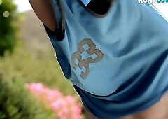 Hunky newbie stroking his unshaven dick in outdoor action