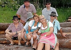 real german outdoor lederhosen groupsex fuckfest with 2 hawt dirndl gals