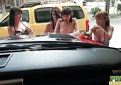 When Chloe Skyy, Brooke Benson, Andi Page, and Lizzy Lamb needed money for spring break, they put their cute bodies to work for a bikini tugjob carwas