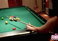 Lesbian Nina playing pool and get horny. She strip off her clothes showing her sexy body and tits and teasing