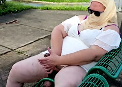 Plump American blonde spreads wide on a public bench and fingers herself openly at a bus stop