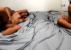 Pair shares a couch with their girlfriend and has sex next to her in the morning