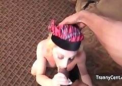 Busty blonde tgirl banged by black dude