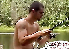 Two horny fucks rub out orgasms while standing next to each other in the woods