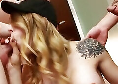 Inked tranny Casey Kisses double penetrated before facial