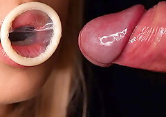Close Up: Horny Condom Blowjob! She Broke the Condom and got all Cum in Mouth...