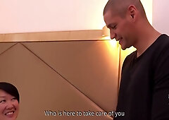 Mature Asian woman in stockings takes him deep from behind in a hotel room