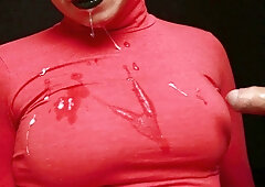 CFNM - Red Turtleneck, Black Lips - Handjob and loads of jizz in mouth with cum on clothing!