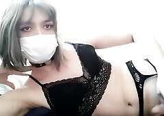 Teen E-angel crossdresser femboy showing her ebony underware