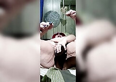 Bursting out in soaked cum bathing in juicy cum cunt washroom times three