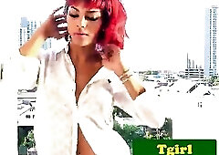 TS ginger Michelle solo dick play on balcony in her cut off jeans shorts