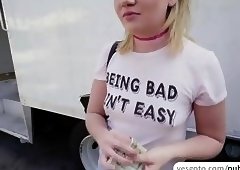 Hot blonde Zelda Morrison sucks and rides cock in public