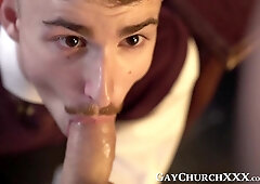 Inked twink seduces kinky priest into bareback ass pounding